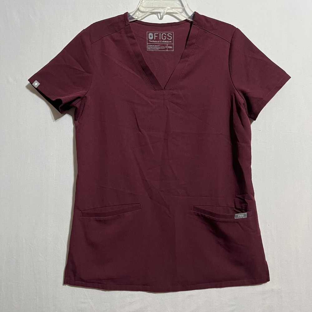 Figs Scrub Top Women's 2XS Maroon Stretch Pockets V-Neck Short Sleeve Pullover